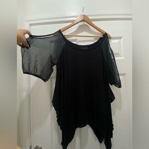 Black Cold Shoulder Blouse with Silk Sleeves and Shark Bite Hem, Medium M